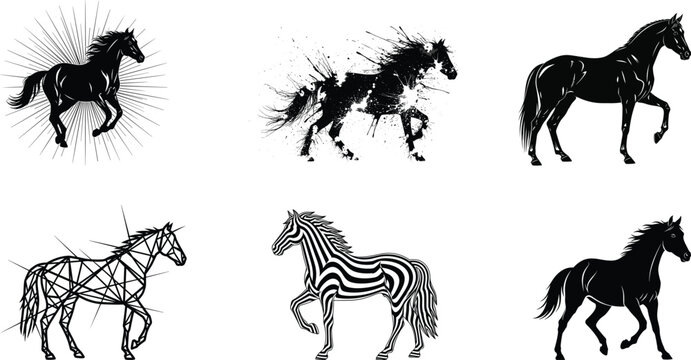 Horse silhouette collection with abstract, geometric, striped and grunge running stallions, artistic vector illustration set isolated on white background