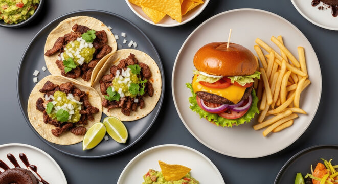 Delicious street tacos and cheeseburger with French fries on plates; a casual dining experience with fast food classics