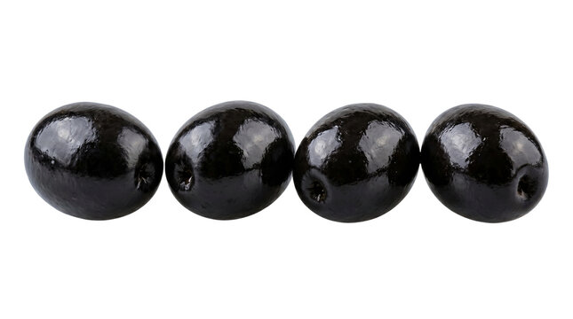 Four ripe black olives with a shiny, smooth skin, arranged in a row on a plain white background, highlighting their natural texture and deep color