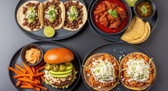 Overhead view of assorted Mexican street foods on dark plates: tacos sope and spicy meat stew with corn tortillas