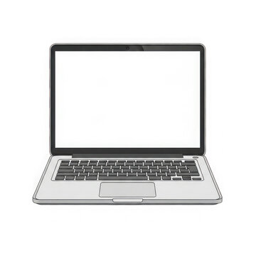 A modern silver laptop computer with a blank white screen facing forward in a front view angle