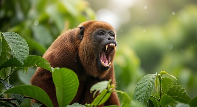 A male howler monkey with reddish-brown fur roaring and showing its teeth in a vibrant green forest.