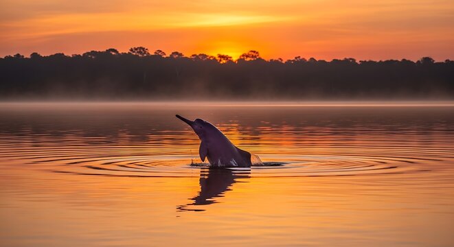 Amazon river dolphin breaching during a vibrant sunset over the tranquil amazon river in the rainforest.