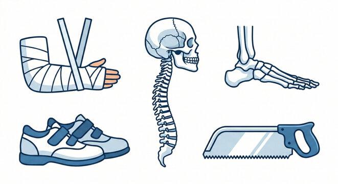 Medical Illustration of Human Anatomy and Orthopedic Supplies Including a Cast, Skeleton, and Shoe
