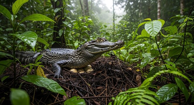 Caiman reptile guarding nest with eggs in dense amazon rainforest surrounded by lush green foliage.