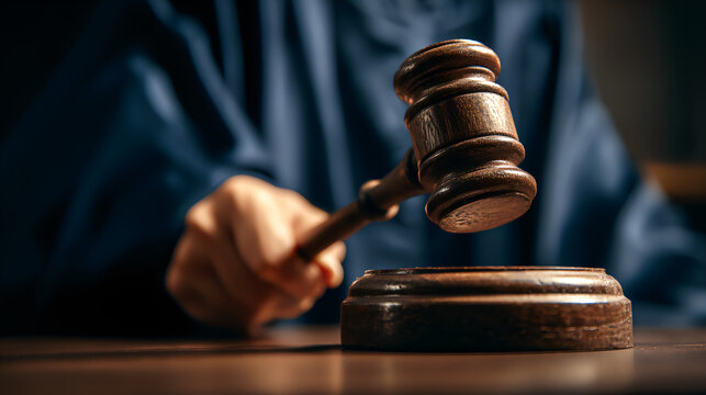 Judge gavel on wooden block in courtroom legal justice and law concept