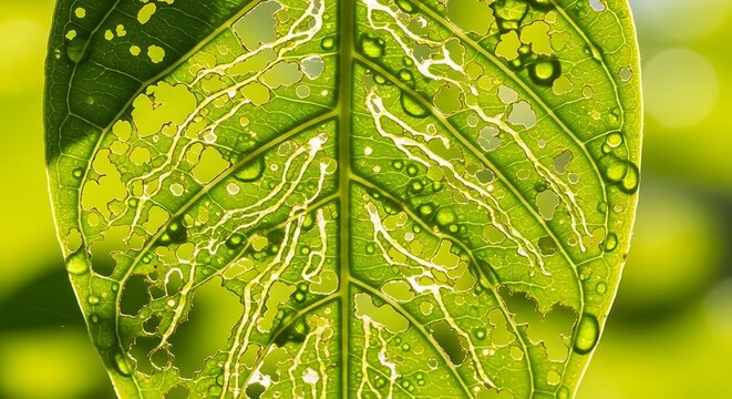 Green leaf with visible damage from insects and leaf miners in sunlight.