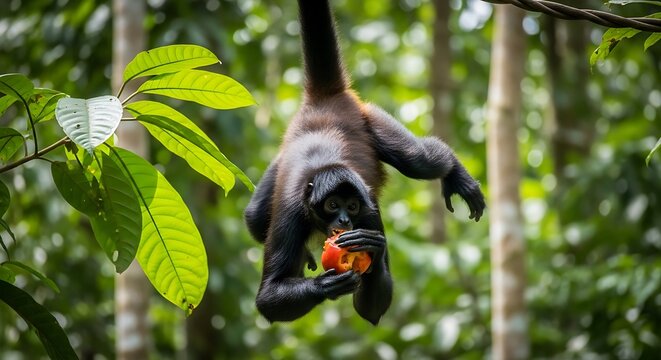 Spider monkey hanging by tail from tree branch while eating fruit in jungle.