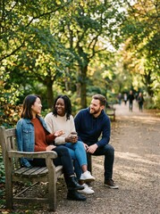 Fototapeta premium Three Diverse Friends Talking on a Park Bench