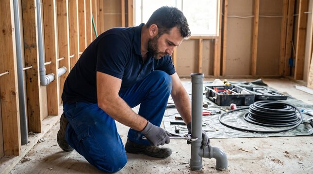 A plumber is kneeling on the floor of a house under construction, using a wrench to work on a gray PVC pipe assembly. He's wearing a navy polo shirt, blue work pants, and gray gloves.