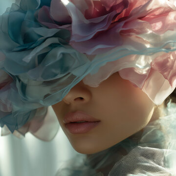 Organza Avant-garde luxury fashion fascinator hat on female model for high-end couture and spring wedding season