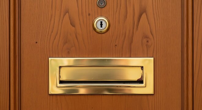 Close-up of a wooden door with a brass mail slot and keyhole