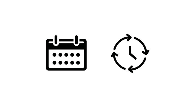 Black vector calendar and time cycle icons. Date, schedule, event, history, continuous process, and time management symbols.