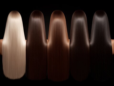 Back view of shiny hair in different shades from blonde to black