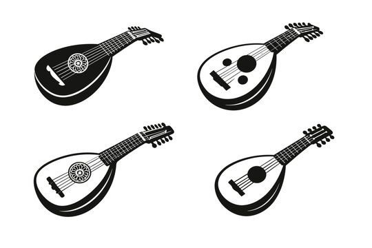 Set of Four Black and White Lute and Oud Vector Illustrations Featuring Historical Stringed Musical Instruments with Intricate Rosettes and Sound Holes for Renaissance and Folk Music Design