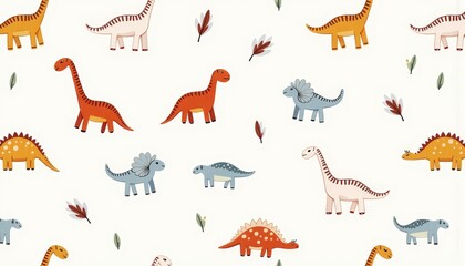 Fototapeta premium Whimsical Dinosaur Pattern with Colorful Cartoon Dinosaurs and Simple Leaf Accents on a Light Background