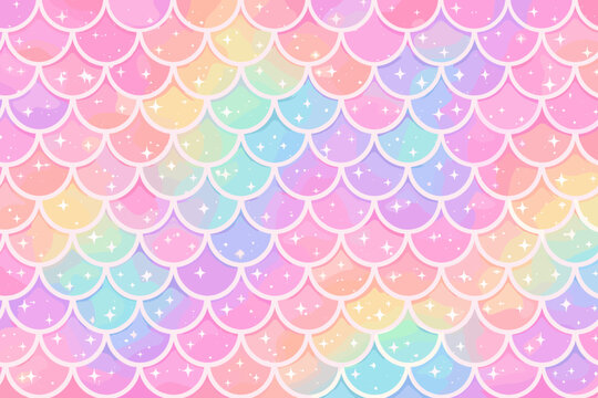 Pastel Iridescent Mermaid Scale Background with Rainbow Fish Pattern in Pink and Blue Hues. Cute Underwater Fantasy Texture with Sparkles and Glitter for Girly Designs and Vector Illustration.