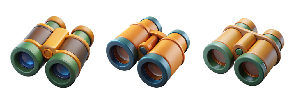 Set of three stylized 3d binoculars in different color combinations isolated on transparent background