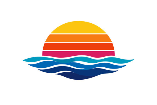 Retro Sunset and Ocean Waves Silhouette, Bright Vintage 80s 90s Style Summer Logo or Icon Isolated on White, Colorful Striped Sun over Blue Sea Water, Minimalist Vector Graphic for Travel Branding