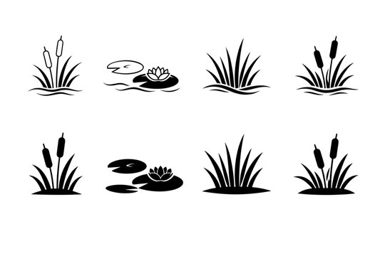 Vector set of black aquatic plant icons featuring cattails, water lily pads, lotus flowers, and marsh grass in minimalist and solid silhouette styles for nature and landscape design projects.