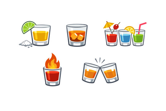 Set of Flat Vector Icons of Various Alcohol Shot Glasses Including Tequila with Lime and Salt, Whiskey on the Rocks, Colorful Party Cocktails with Garnishes, Flaming Shot, and Clinking Glasses for