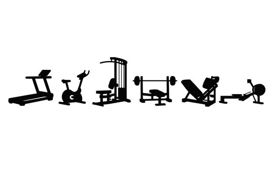 Set of six black silhouettes of gym fitness machines including treadmill, stationary bike, lat pulldown, bench press, leg press, and rowing machine, neatly arranged in a row on white background.