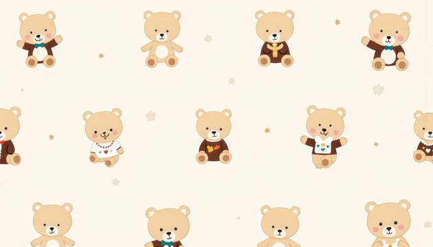 Cute Pattern of Adorable Teddy Bears with Various Outfits on a Light Background