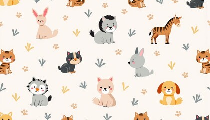 Fototapeta premium Playful Animal Pattern Featuring Cute Puppies, Kittens, Rabbits, and Exotic Creatures in a Whimsical Cartoon Style with Pastel Colors and Soft Background