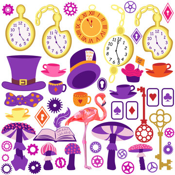 Big set of Wonderland vector illustrations. White rabbit, Alice, cat, hat, key, clock, cup of tea and rose, mushrooms and others
