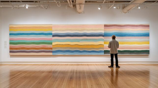 Art critic photographing a generative mural beside the algorithm interface that created it, both displayed side by side on a gallery wall, vibrant colorful brushstroke textures under gallery track l