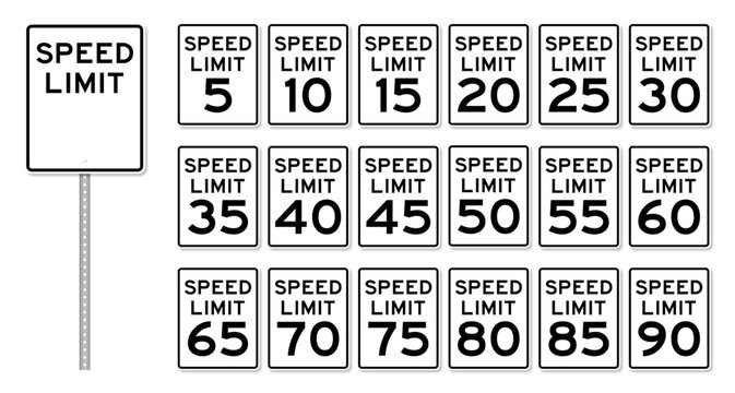 American speed limit road sign. USA speed limit road sign set fro 5 to 90 mph