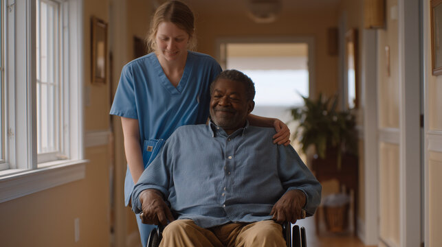 A home health aide assists a wheelchair-bound veteran through a narrow hallway of a modest suburban home, medical equipment lining the walls, overcast daylight through a small window, perfect for ve
