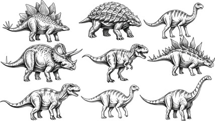 Detailed Black and White Prehistoric Dinosaur Engraving Vector Set with T-Rex and Triceratops for Educational Science and Natural History Graphic Design © Rajib
