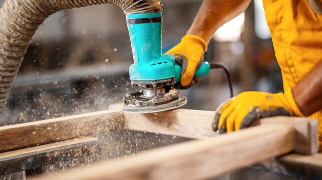 Male carpenter using power sander on wooden frame in workshop