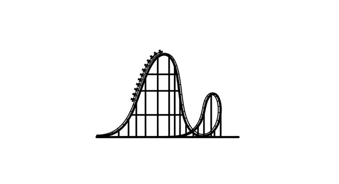 Black line art illustration of a thrilling rollercoaster with steep drops and sharp turns against a simple white backdrop