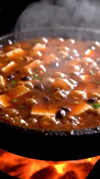 Sizzling Sichuan Cuisine - Mapo Tofu Simmering Over Open Flames.