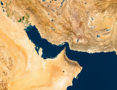 Strait of Hormuz, Gulf of Oman, Persian Gulf, Iran, raster satellite map, recolored and edited map
