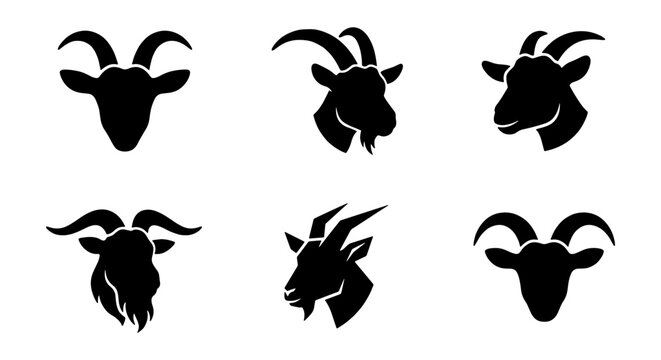 Goat head silhouette icons, set of 6 black farm animal vector graphics, minimalist ram and billy goat profile symbols for logo design and branding