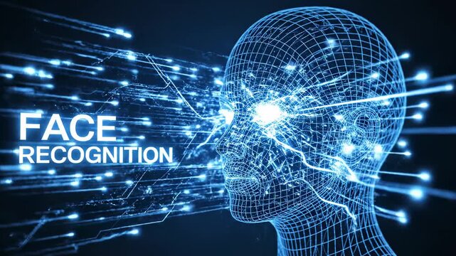 This visualizes face recognition technology with a futuristic human head made of blue lines and dots on a dark background, illustrating advanced biometric security and identification concepts.