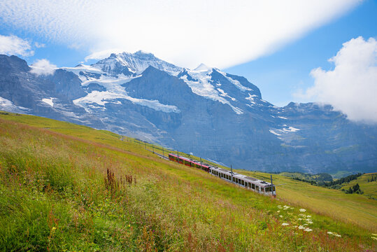 Cog railway in a green landscape at Kleine Scheidegg with a view of the Jungfrau mountain