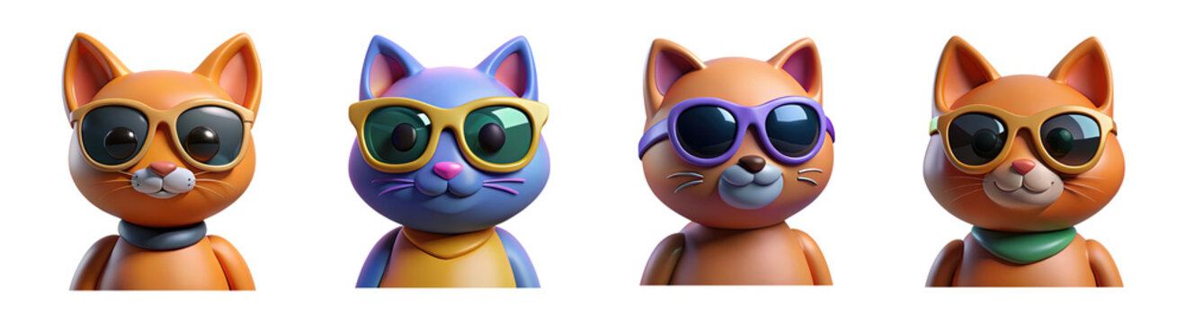 Set of four cute 3d cartoon cats wearing stylish sunglasses isolated on transparent background