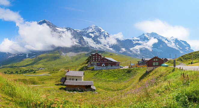 famous mountains Eiger, Monch, Jungfrau. Kleine Scheidegg hiking destination swiss alps