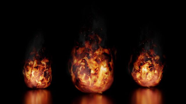 Three Burning Fire Flames with Reflection - 3d 4k animation (3840 x 2160 px)