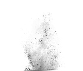 Black dust explosion splash isolated on white background with gritty debris spray, smoky impact burst, monochrome detonation particles and dramatic grunge blast effect for design compositions. © PNG Queen