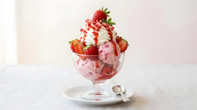 Strawberry ice cream sundae with whipped cream, fresh berries, and syrup in bright, playful commercial dessert styling.