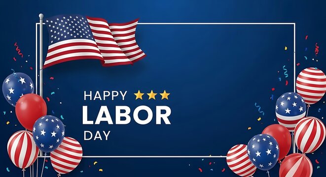Happy labor day celebration with american flag and balloons on blue background