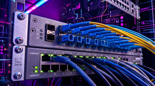 Blue and yellow fiber optic cables are connected to a network switch in a modern data center.