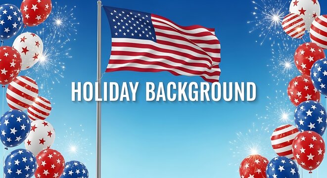 American flag waving on pole with red white and blue balloons