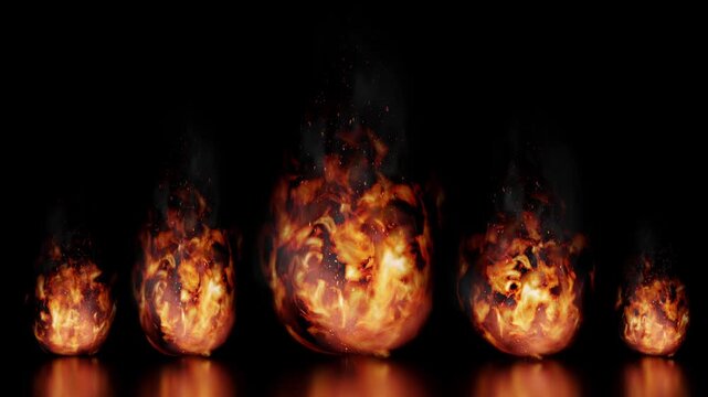 Five Burning Fire Flames with Reflection - 3d 4k animation (3840 x 2160 px)