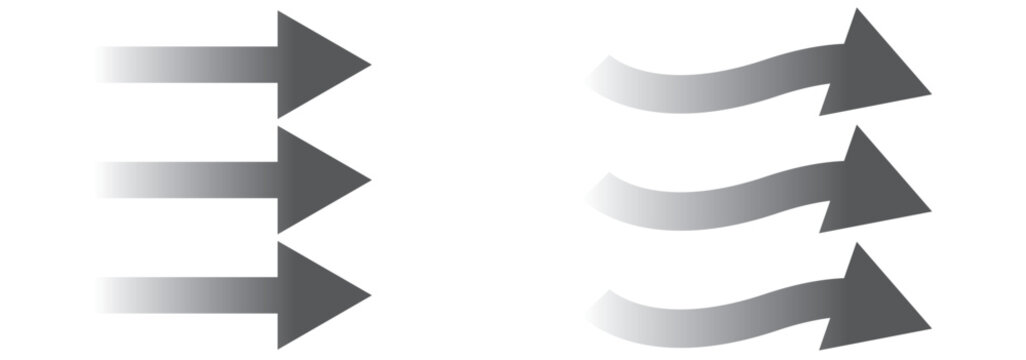 Air flow arrows set. Set of blue arrow showing wind air flow. Vector set of air flow arrows. Blue air flow arrows showing wind circulation and ventilation. Set of blue arrows showing cold air arrows.